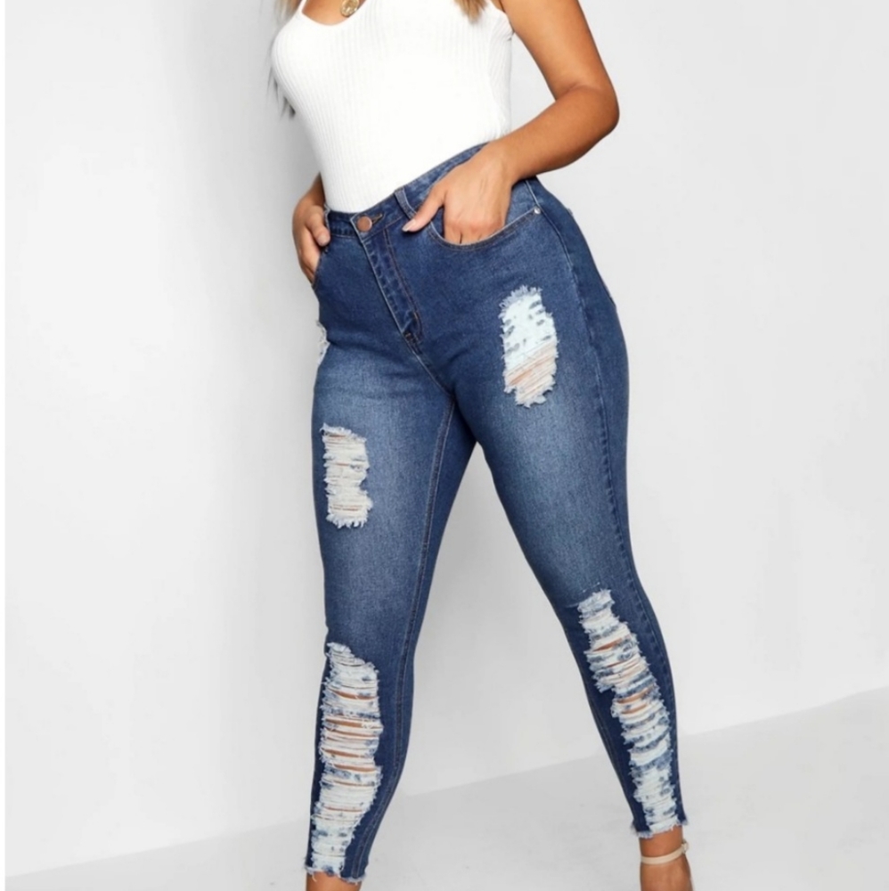 Plus Ripped Cut Off Stretch Skinny Jeans